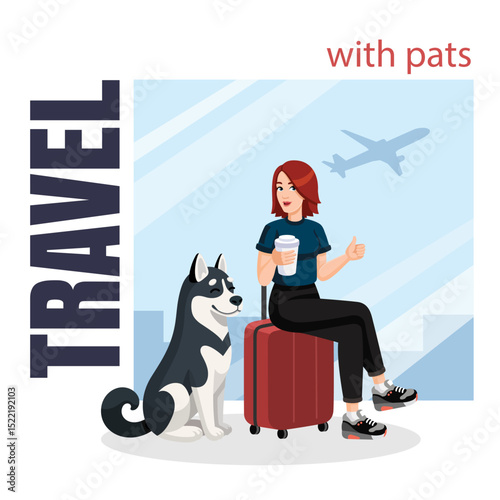 Young woman sitting on suitcase with Alaskan Malamute dog showing thumbs up. Flat design, cartoon style. Vector illustration. Traveling with pets concept flyer, banner, promo, advertising, leaflet.