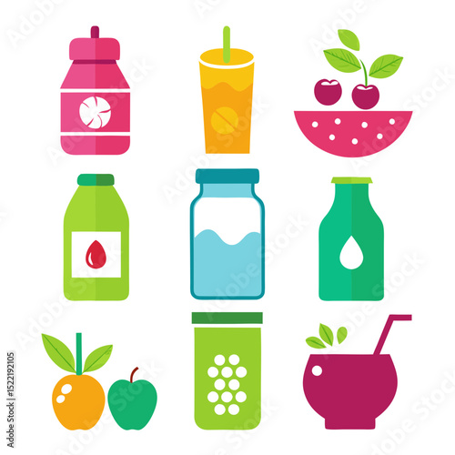 Nine bright fruit and beverage icon set collection
