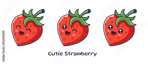 Cute Kawaii Strawberry character set. Vector hand drawn cartoon icon illustration. Strawberry character in doodle style. Isolated on white background.