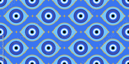 Evil eye seamless pattern. Blue mystic bead Greece print. Magic Turkish nazar background. Abstract symbol of protection luck and energy. Ethnic amulet and talisman wallpaper for spiritual decoration