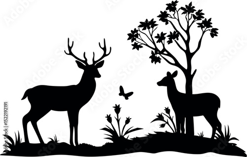 Graceful deer and reindeer silhouettes illustrate the wild nature of these mammals with striking antlers in a forest setting 
