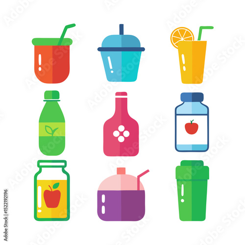 Colorful flat vector illustrations of different beverage containers