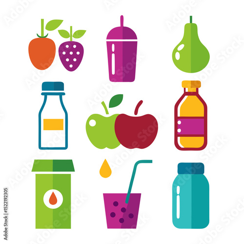 Colorful Flat Vector Set of Fresh Fruits and Drinks