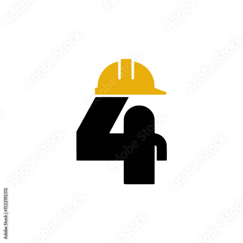 Number 4 Logo with Yellow Hard Hat, Creative construction-themed logo featuring the number 4 wearing a yellow safety helmet, symbolizing labor, safety, and industry.

