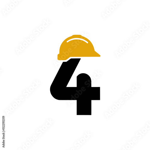 Number 4 Logo with Yellow Hard Hat, Creative construction-themed logo featuring the number 4 wearing a yellow safety helmet, symbolizing labor, safety, and industry.

