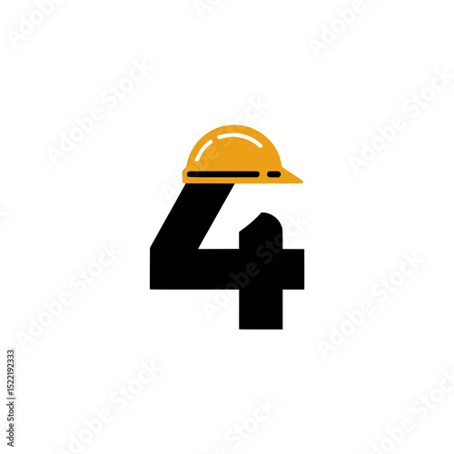 Number 4 Logo with Yellow Hard Hat, Creative construction-themed logo featuring the number 4 wearing a yellow safety helmet, symbolizing labor, safety, and industry.


