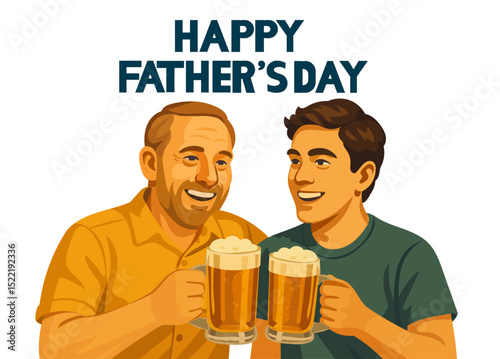 Father and adult son celebrating Father’s Day with beer mugs — vector illustration.