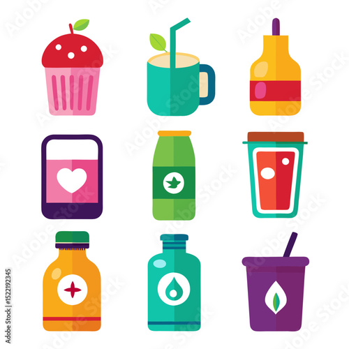 Flat design icons: food, drinks, and liquid containers