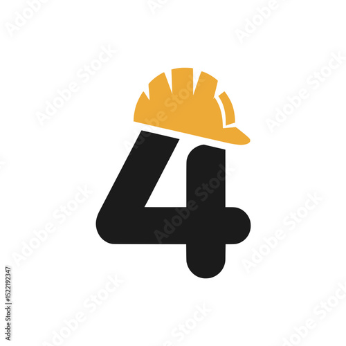 Number 4 Logo with Yellow Hard Hat, Creative construction-themed logo featuring the number 4 wearing a yellow safety helmet, symbolizing labor, safety, and industry.

