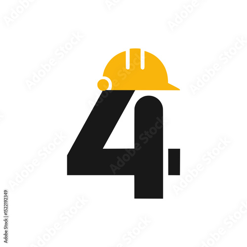 Number 4 Logo with Yellow Hard Hat, Creative construction-themed logo featuring the number 4 wearing a yellow safety helmet, symbolizing labor, safety, and industry.

