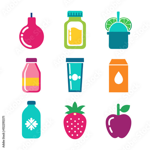 Minimalist juice and fruit icons colorful beverage collection