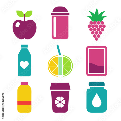 Colorful flat icon illustration of healthy drinks and fruits