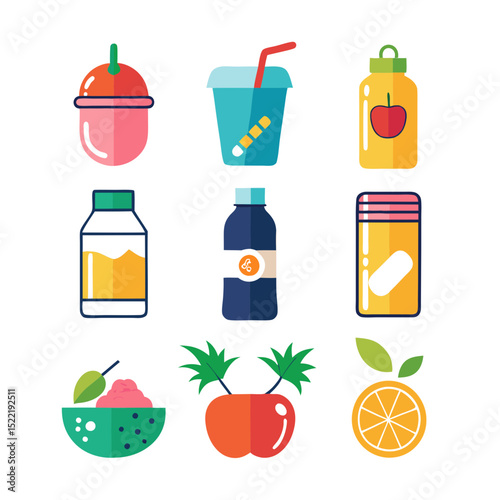 Colorful flat lay illustration of various fruit juice containers