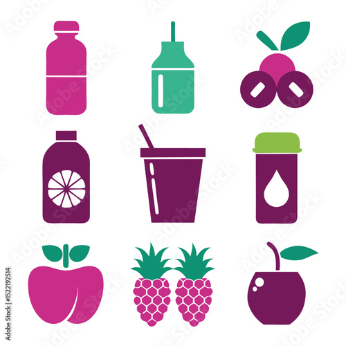 Colorful vector illustrations of fruit and beverage containers arranged nicely