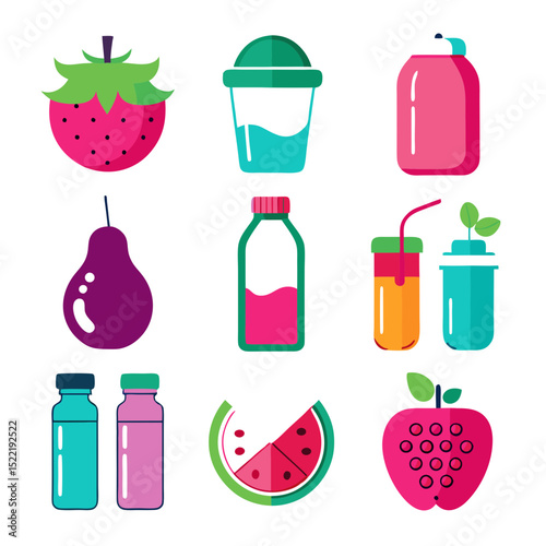 Bright flat illustration of fruits and juice containers