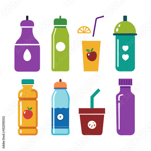 Colorful Flat Vector Juice Bottles and Drink Container Illustration
