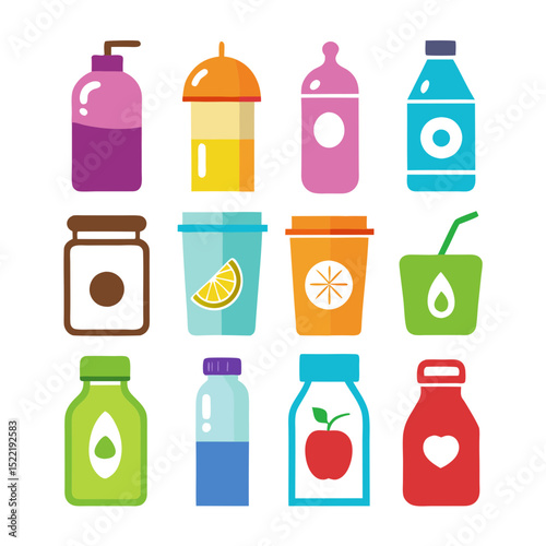 Colorful vector illustration of various beverage containers and bottles