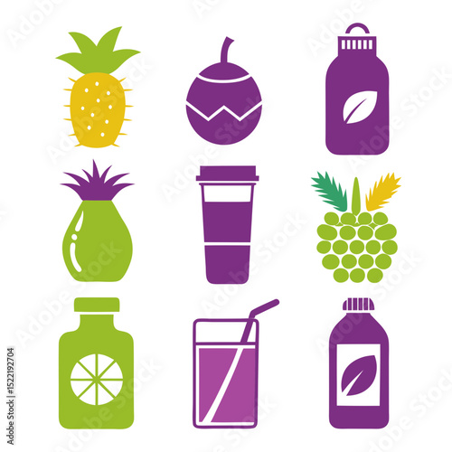 Colorful vector graphic of healthy beverages and fruit icons