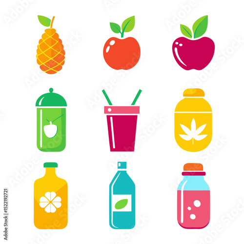 Colorful flat icon set of fruit juice beverages