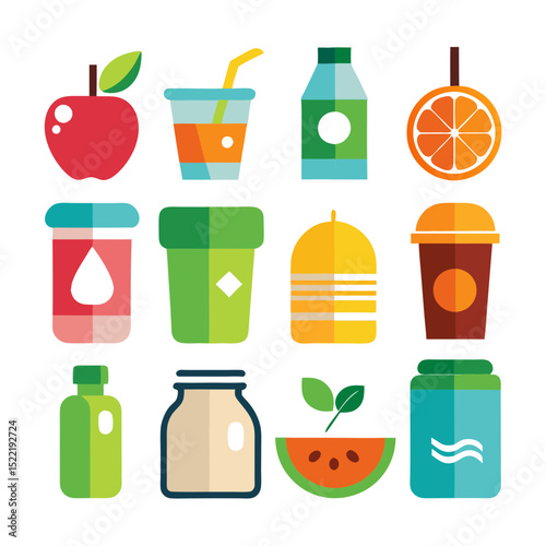 Fresh colorful foods and drinks collection vector illustration set