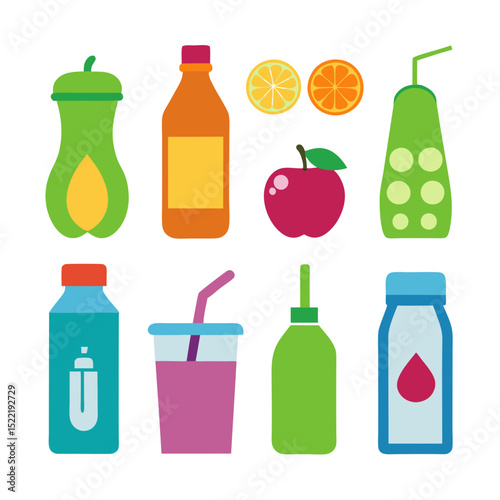 Colorful fruit juice bottles and slices, flat vector design