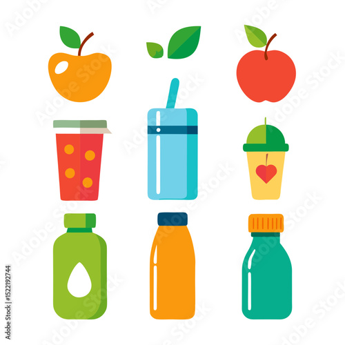 Colorful vector graphic of healthy drinks and ingredients