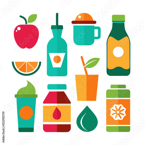Vibrant icon set featuring fruit drinks and ingredients flat