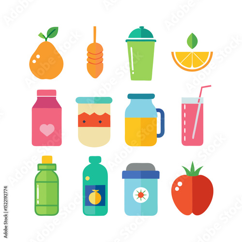 Flat vector icons of healthy drinks and fresh produce