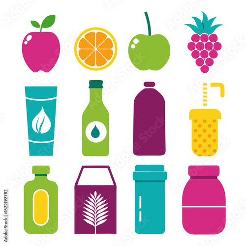 Colorful flat design icons of food and bottles