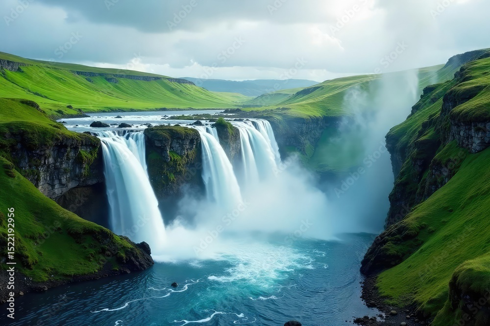 Naklejka premium Serene cascading waterfall tumbling down lush green hills, creating a misty, ethereal atmosphere Perfect for nature, travel, and environmental themes , adventure, cascading, vegetation