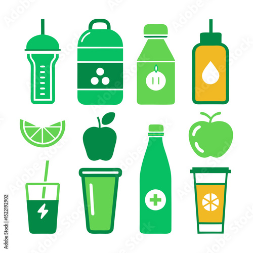 Colorful green juice and fruit containers in flat design