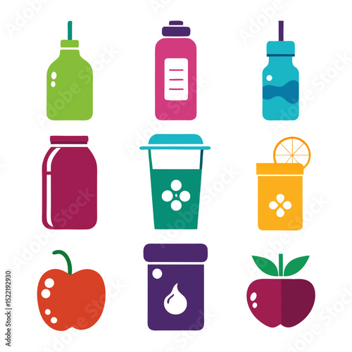Colorful collection of beverage and food icons on white