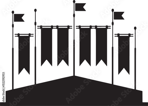 Black and white silhouette of a stage with flags and banners.