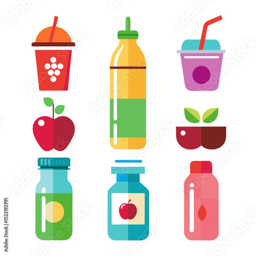 Flat vector illustration of fresh healthy colorful drinks and snacks
