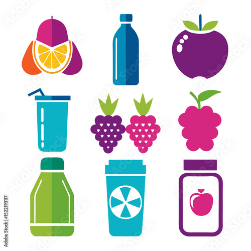 Colorful flat design healthy fruit drinks and containers
