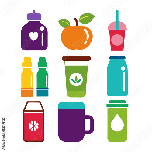 Various Food and Drink Containers Illustration on White Background