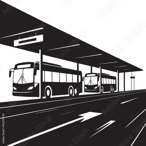 Two buses at a modern bus stop under a canopy on a highway.