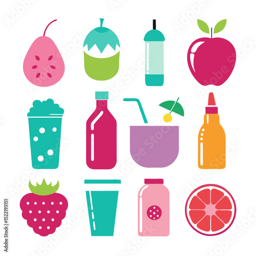 Colorful assortment of flat design fruits and beverage icons