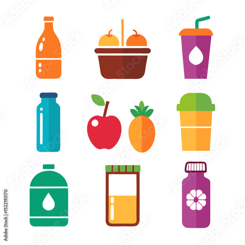 Colorful flat vector fruit and drink icon assortment