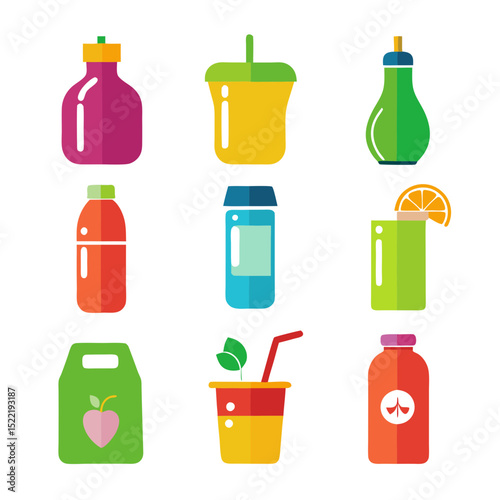 Colorful assorted beverage containers arranged on a white background