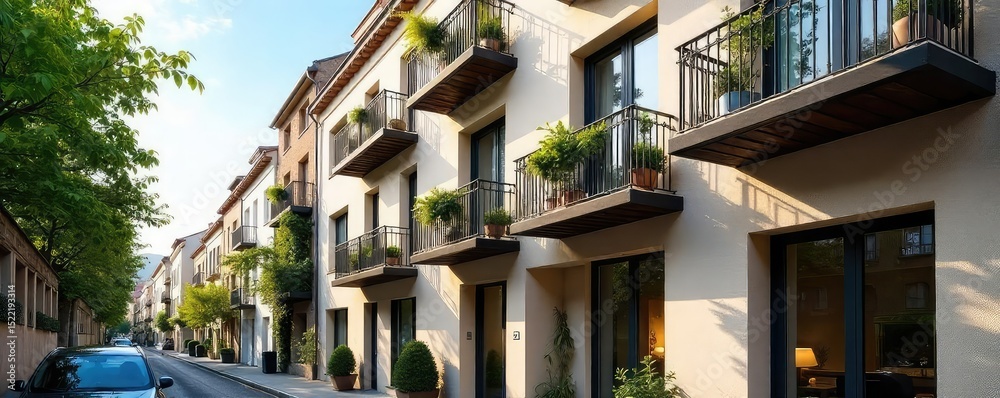 Fototapeta premium Sleek, modern apartment building in a European city Balconies overlook a charming street scene Perfect for travel, real estate, or architectural projects , style, house, residential