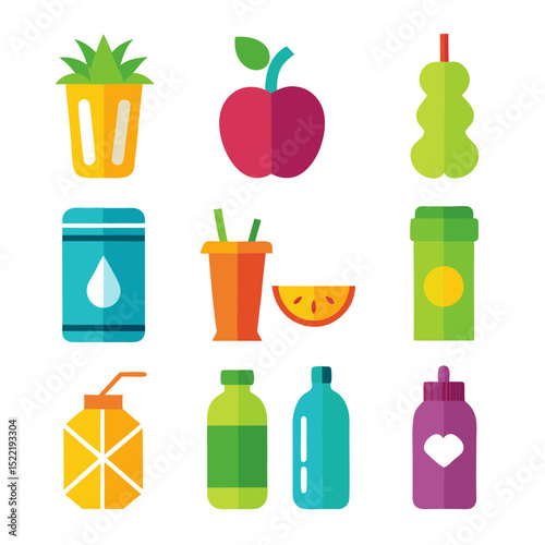 Colorful flat design fruit and beverage icon assortment