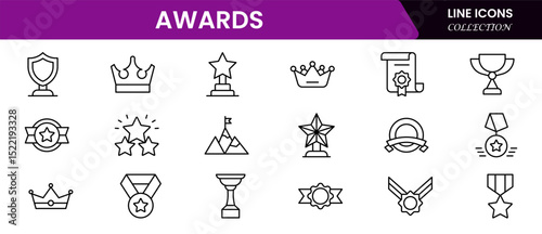 Elegant vector web line icons showcasing awards, trophies, recognition, achievement, and celebratory moments of excellence and success.