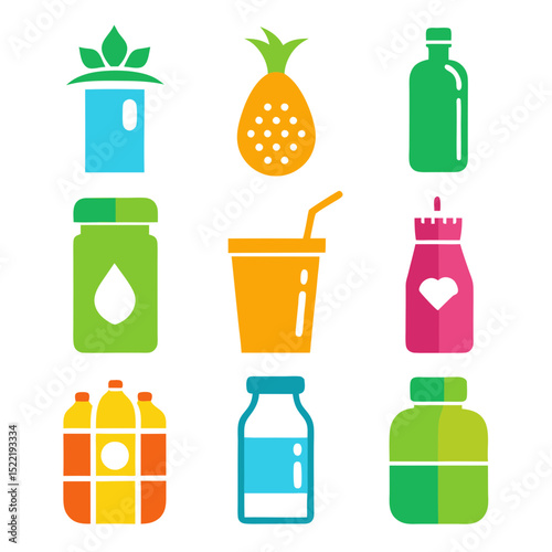 Colorful set of stylized juice bottle icons illustration