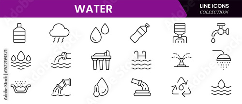 Fluid vector web line icons depicting water elements, conservation, purification, waves, and sustainable aquatic resources and activities.