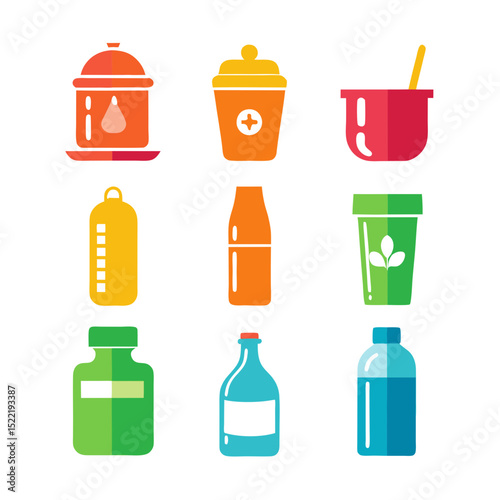 Colorful assortment of bottles and containers flat vector illustration