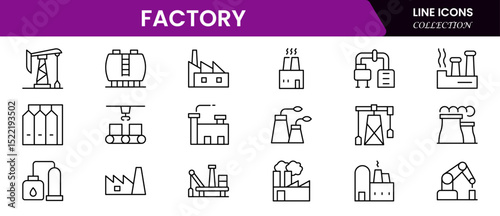 Industrial vector web line icons depicting factory operations, machinery, production, manufacturing, and efficient industrial processes and systems.