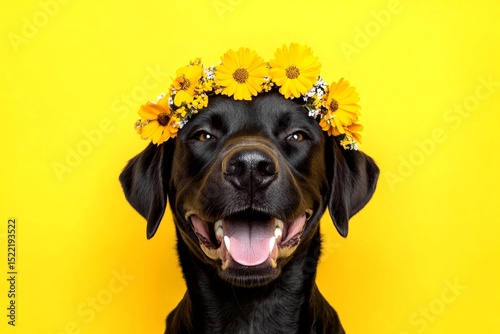 Professional studio snapshot. Cute adult dog boxer wearing feral flower crown on its head - symbol of sunny vacation time. Isolated pink background, copy space, digital ads creative.