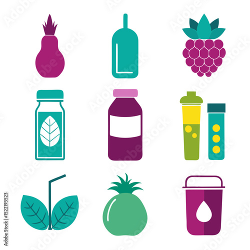Colorful flat illustration of fresh fruit and juice containers