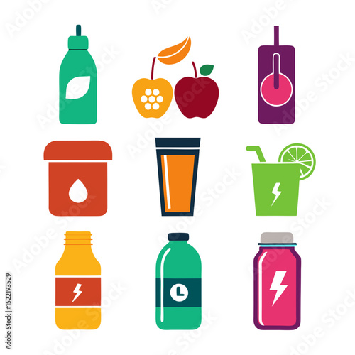 Colorful flat icon vector set of assorted healthy drinks